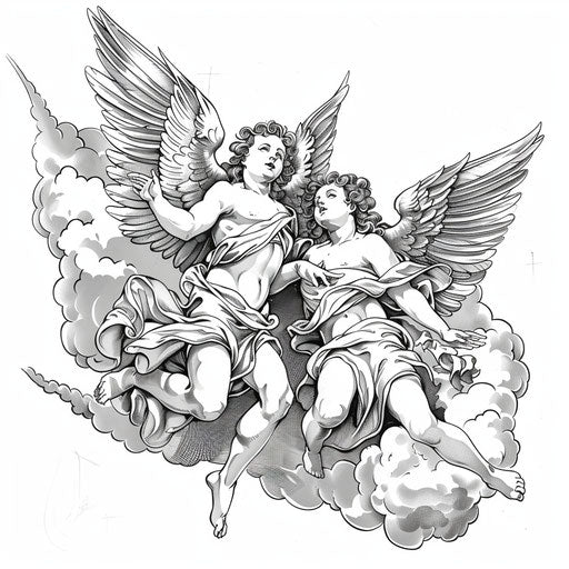 Flat and airy tattoo sketch of angels in heaven