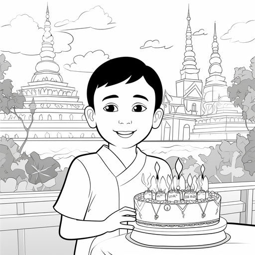 Happy birthday coloring page for kids, animated gifs style, khmer art, commission for, ilford pan f