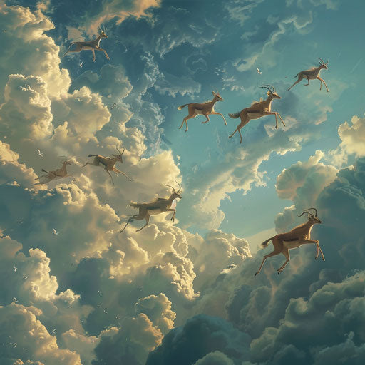 Gazelles leaping among clouds