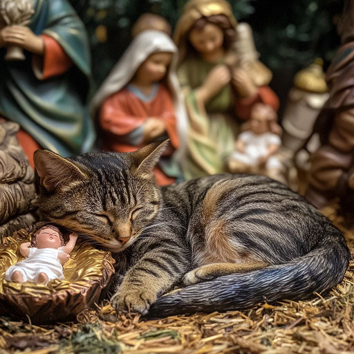 Sleepy cat napping in the midst of a manger scene, peacefully resting next to the figures.