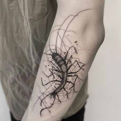 Modern art centipede tattoo with abstract lines