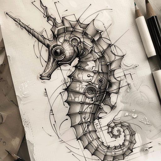 Futuristic seahorse tattoo sketch with metallic shades and circuit-like lines