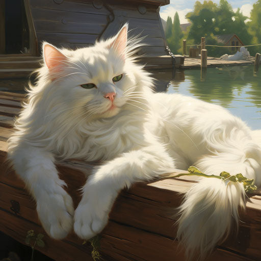 White cat lying on a dock