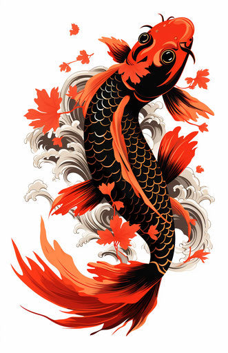 Stylized Japanese carp on white background, bold orange and black