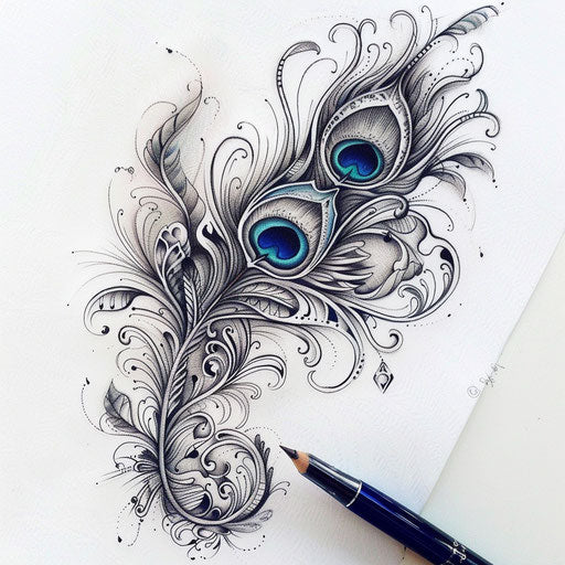 Renaissance-inspired peacock feather tattoo sketch