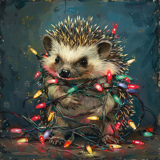 A festive hedgehog caught in a tangle of Christmas lights