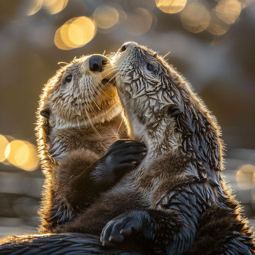 Sea otters grooming fur in golden sunset light, a close-up on keystone species