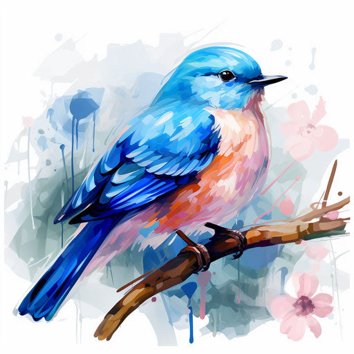 Blue bird in Impressionistic Art style, on white background