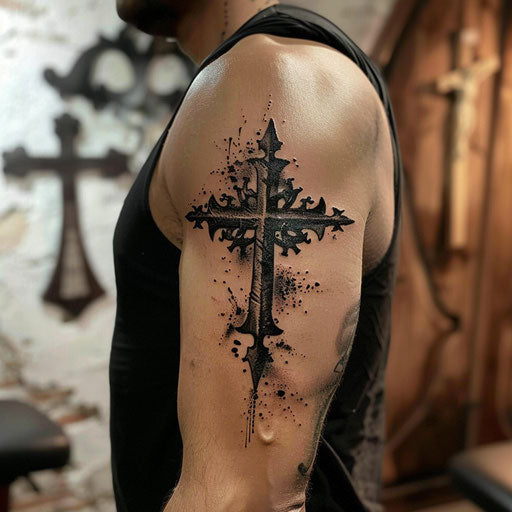 Meaningful men's tattoos with a gothic cross on the bicep
