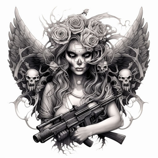 Angelic lady with guns skull tattoo