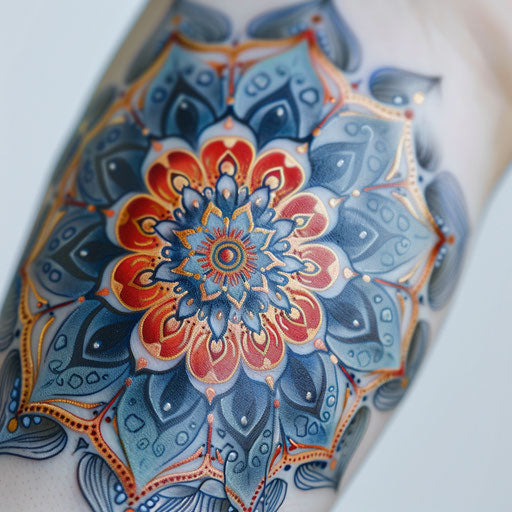 Vibrant neo-traditional mandala tattoo on white background
