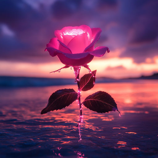 Pink rose in the sea at sunset