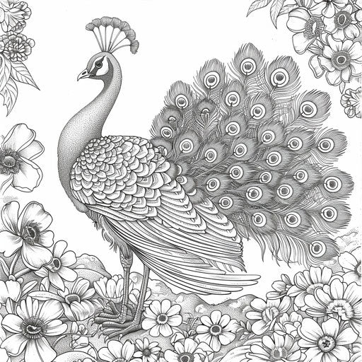 Elaborate peacock with feathers in a floral setting. Coloring page