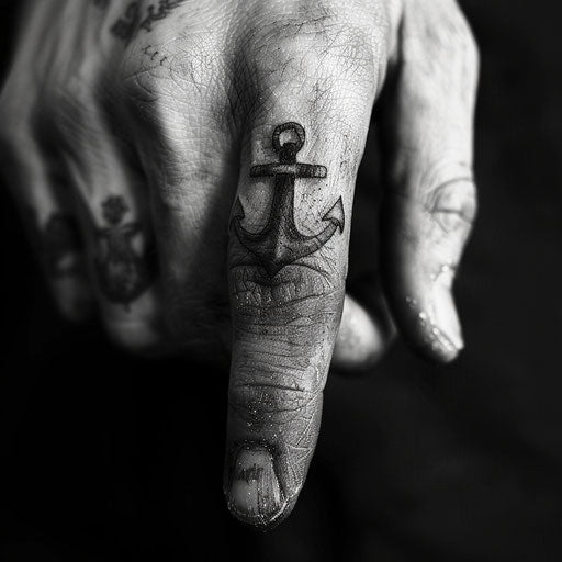 Wedding ring tattoo with anchor symbol on finger