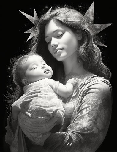 Stars in the sky, madonna and child style, black and white realism