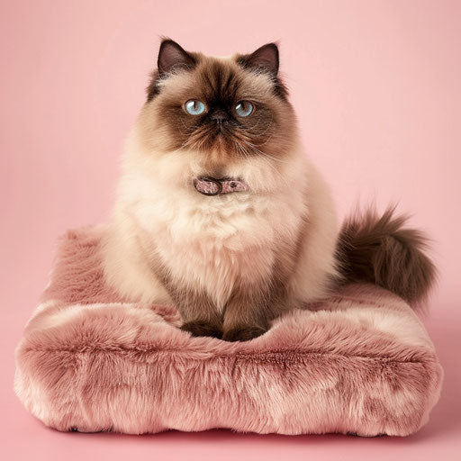 Himalayan cat with a cute collar, sitting on a plush pink cushion