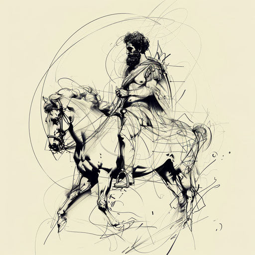 Dynamic flat tattoo sketch of Marcus Aurelius on horseback