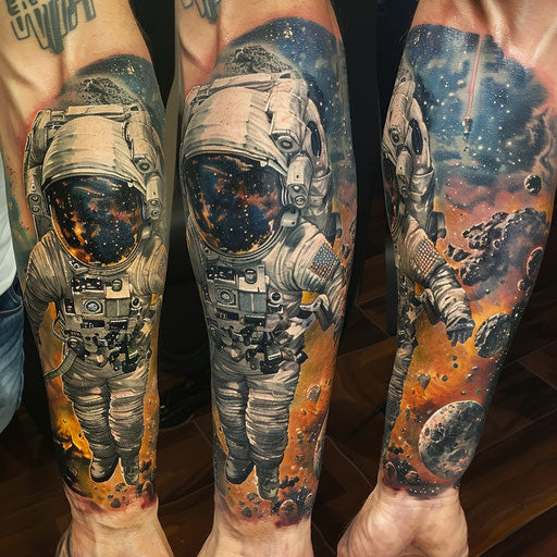 Space exploration concealment tattoo in the style of Peter Jackson