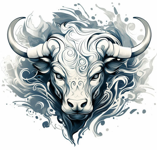 Zodiac tattoo design a bull on white, in cartoon abstraction style, sculpted 64:61