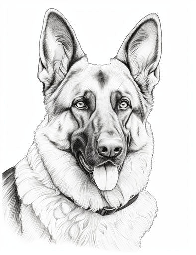 Crayons coloring pages: free German Shepherd pages, detailed portraits, light beige and dark aquamarine