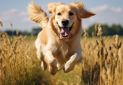 Golden retriever running in field, youthful energy, cuts, 33:23