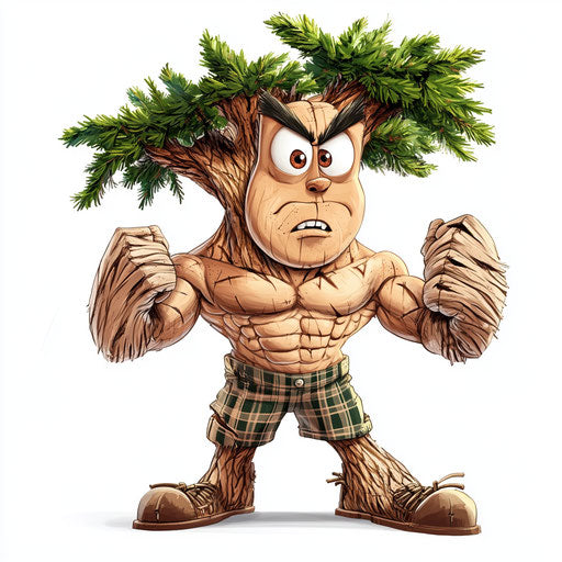 Humorous caricature of a pine tree with human characteristics