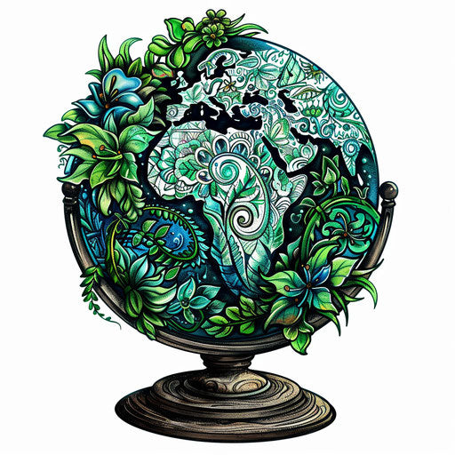 Decorative flat tattoo sketch of a globe with ornate floral patterns, intricate greens and blues, clipart style