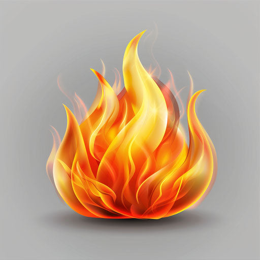 Flat metallic silver background highlighting a realistic flame