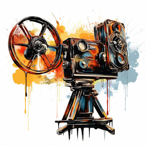 Movie camera in the style of oil painting, on white background