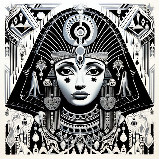 Egyptian style art in black and white, light purple and indigo