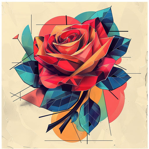 Stylized sketch of a rose tattoo with bold geometric shapes and vibrant colors