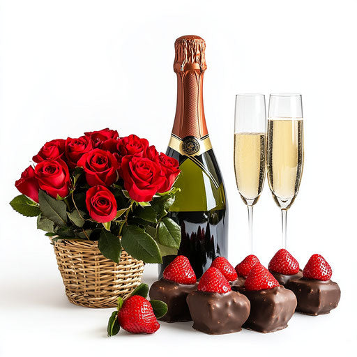 Romantic celebration with champagne, red roses, chocolate