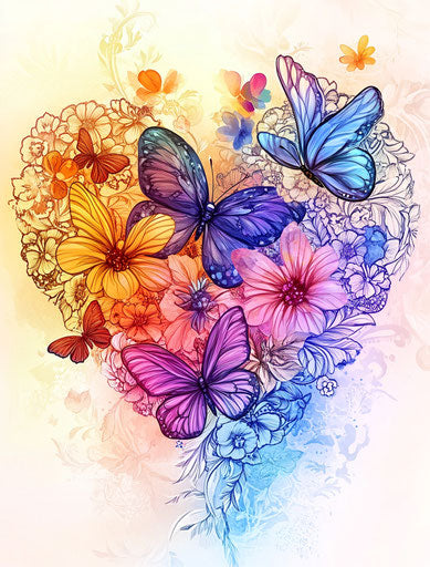 Colorful floral heart with lace and butterflies