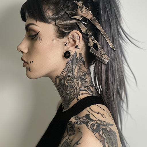 Neck tattoos for females with futuristic designs