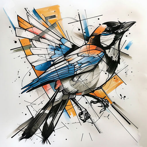 Abstract flat tattoo sketch with a magpie in colorful style