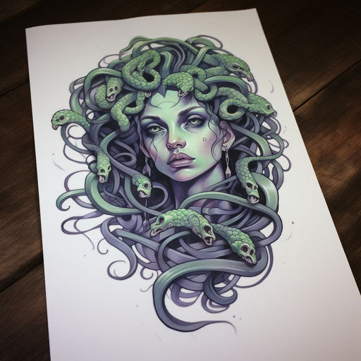 Medusa tattoo with Medusa head, layered imagery style with subtle irony, emphasis on character design