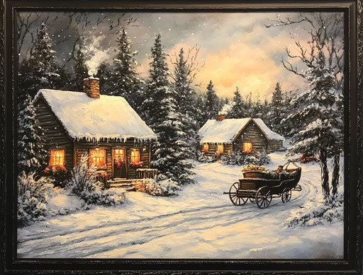 Warm winter cabin ambiance with carriage and snow