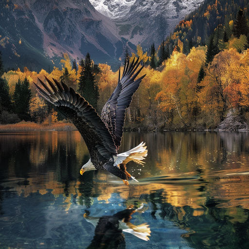 Bald eagle diving towards water in powerful hunting display