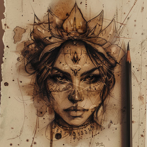 Vintage-inspired flat tattoo sketch of a neda tattoo with sepia