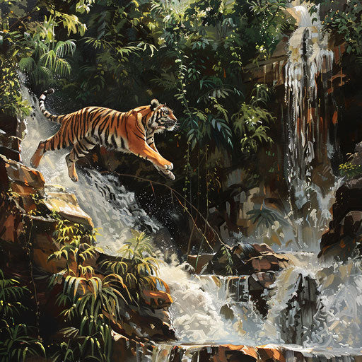 Sunda tiger leaping in rocky ravine
