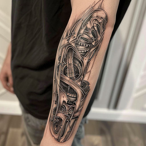 Men's forearm tattoo with biomechanical design