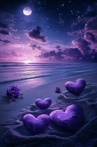 Glowing purple hearts on the beach, starry night sky with a full moon and stars, purple roses in the sand alongside heart shapes, a magical scene.