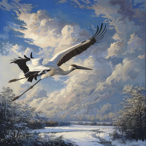 Graceful stork gliding over snowy landscape