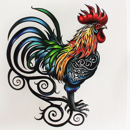 Celtic-inspired rooster tattoo design on white ground
