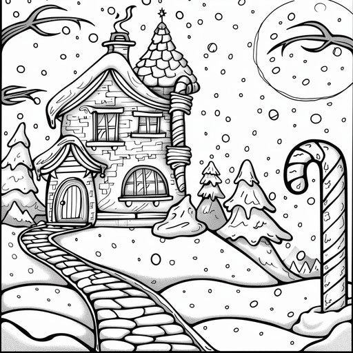 Candy cane house in snowy landscape