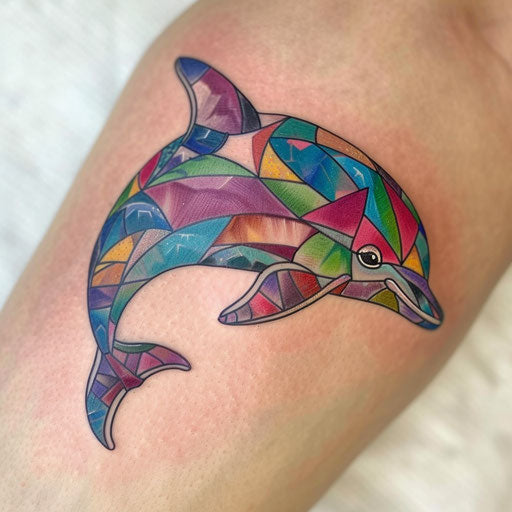 Vibrant hues tattoo of a dolphin on white background