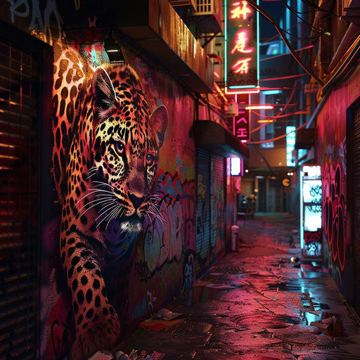 Leopard graffiti in a cyberpunk alleyway