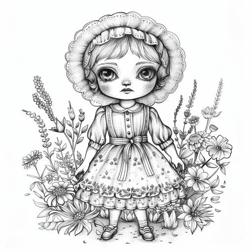 Vintage doll with floral dress and bonnet, Teagan White style