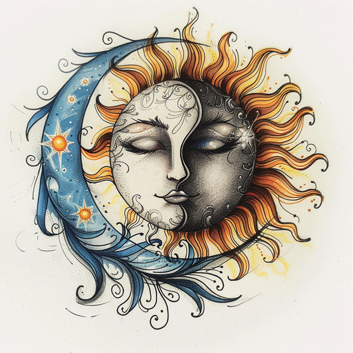 Tranquil tattoo sketch of a sun and moon in harmony, soothing colors