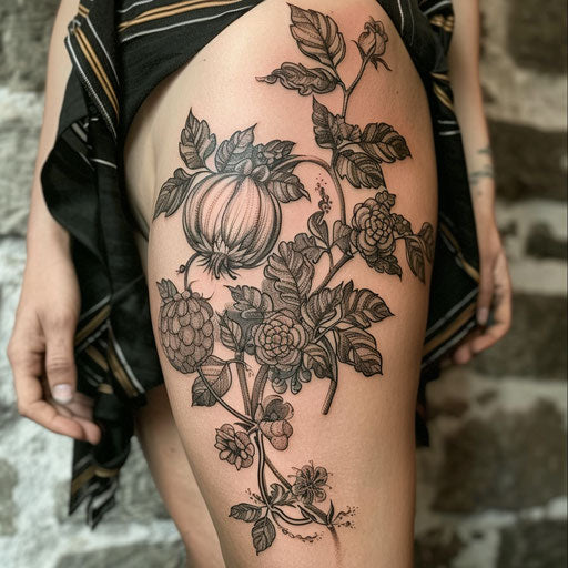 Tattoo with detailed botanical elements for growth and renewal